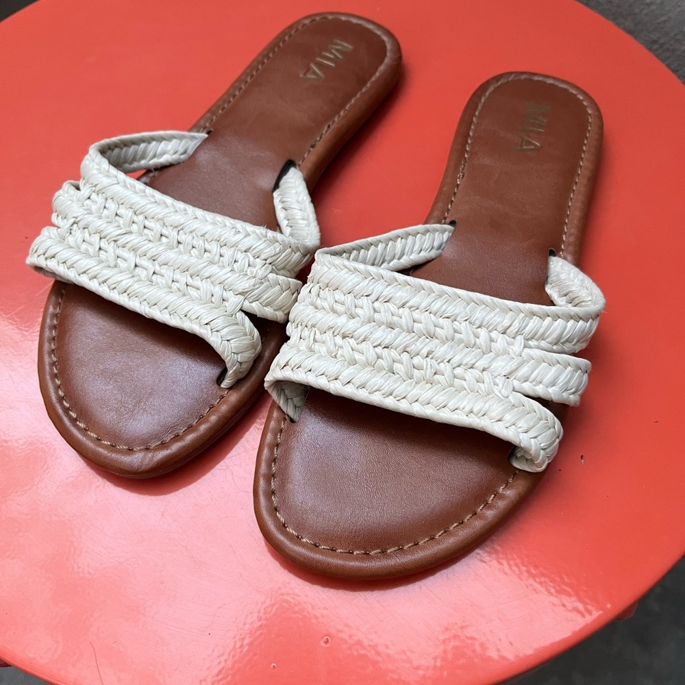 MIA Cream and Brown Woven Sandals